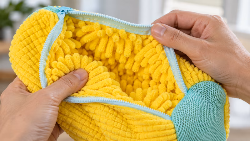 Des baskets dans le sac de nettoyage en train d'être mises dans la machine à laver